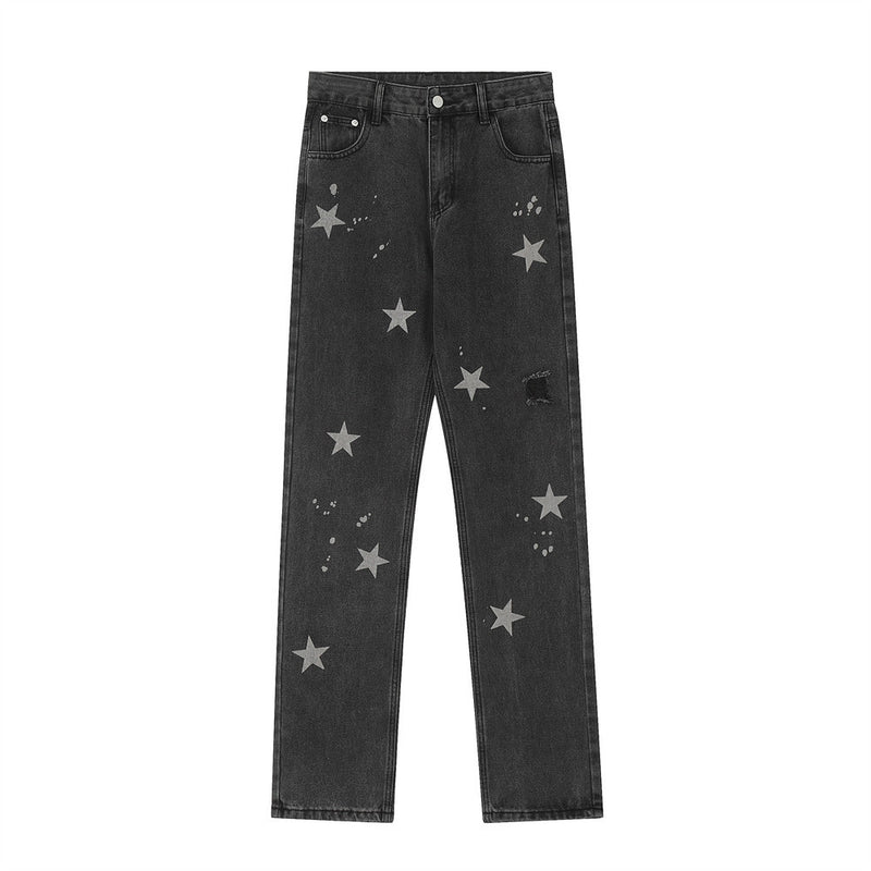 Men Jeans Five-Pointed Star Printed Worn Slim Trousers
