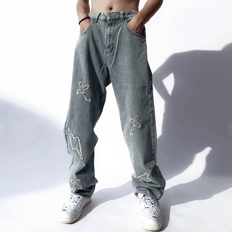 Men Jeans Cross Paste Cloth Embroidery Distressed Trendy Loose