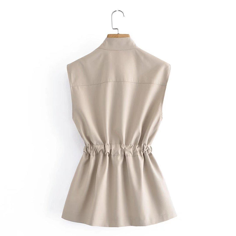 Women Vest Stand Collar Single-Breasted Lace up Vest