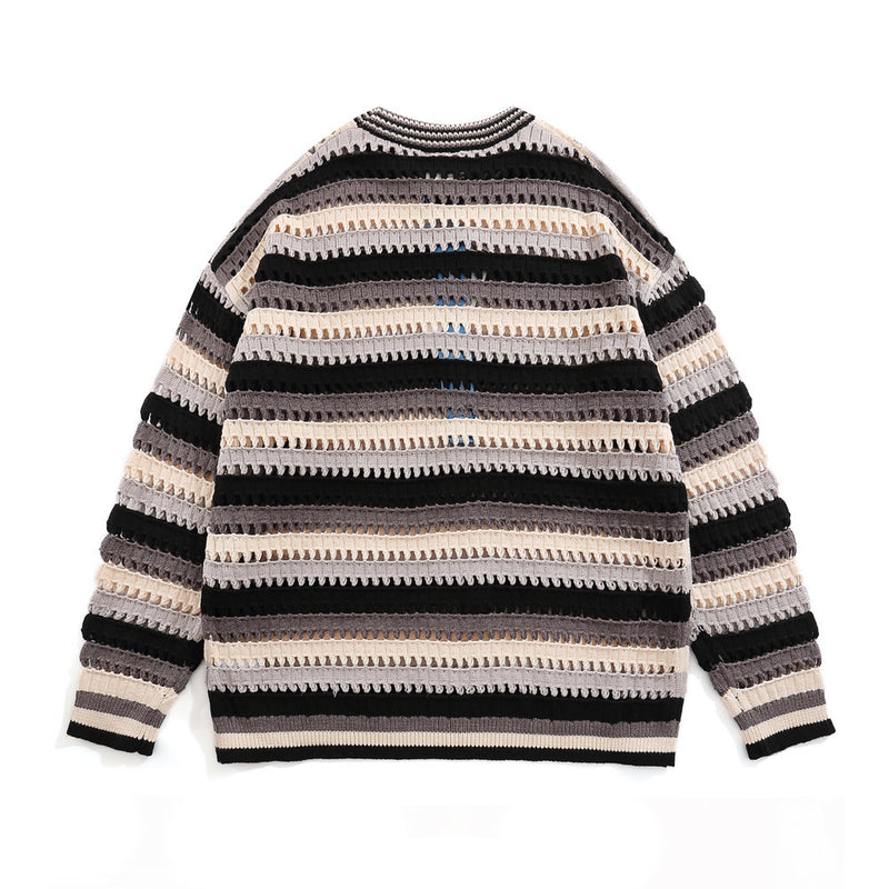 Men Sweater Crocheted Ripped Striped Crew Neck Sweater