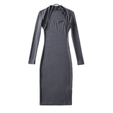 Women Dresses Fashion Fake Two Pieces Long Sleeve Stretch Dress