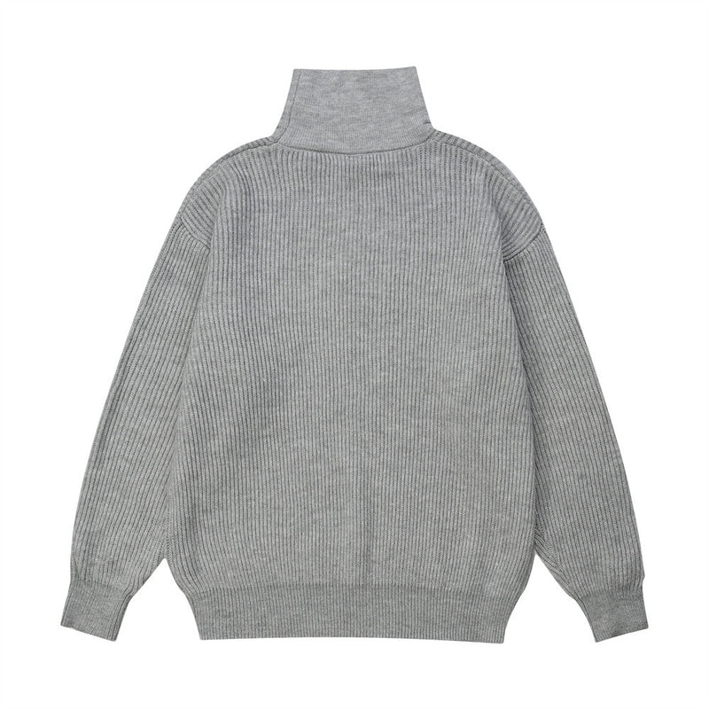 Men Sweater High Collar Loose Simple Embroidered Neckline Stand Collar Set