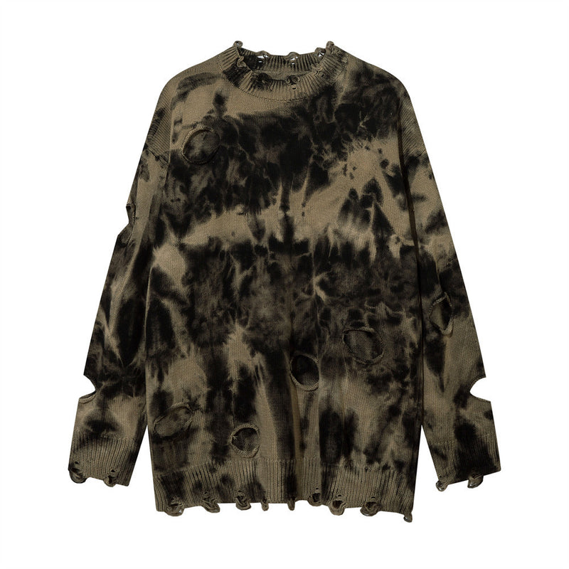 Men Sweater Tie-Dyed round Neck Sweater for Dirty Make Old Ripped Knitwear