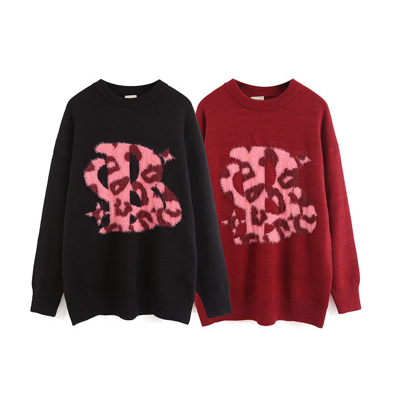 Women Sweater Leopard Letter Flocking Idle Style