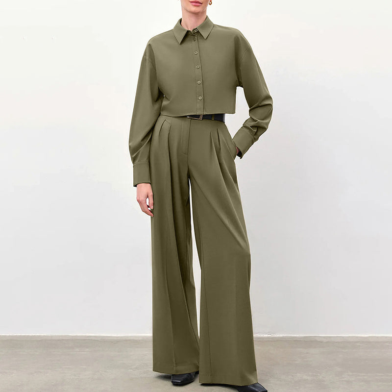 Women Co-Ords Design Long Sleeve Shirt High Waist Wide Leg Pants