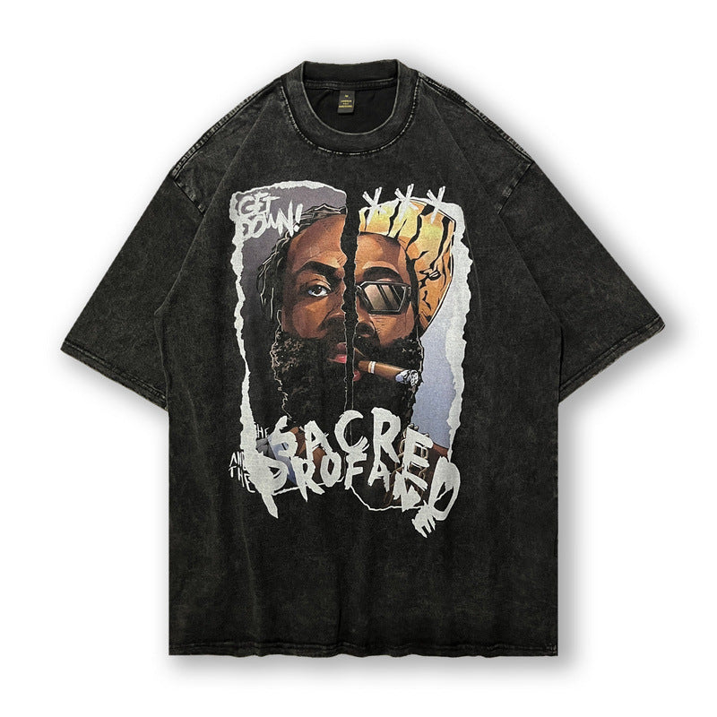 Men T-Shirt Rapper Character Printed Water Retro Loose