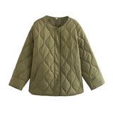 Women Cotton Coat Fashion Collarless Diamond Lattice Loose