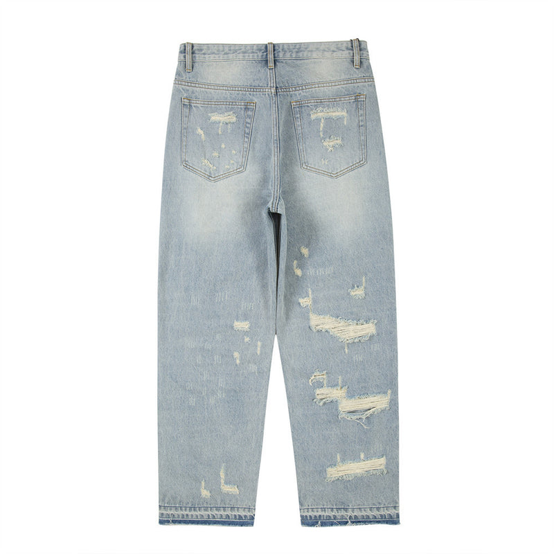 Men Jeans Loose Hole Frayed Hem All-Matching