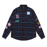 Men's Long Sleeve T Shirt Plaid Shirt Men's Embroidered Letter Long Sleeve Lapel Loose Shirt