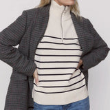Women Work Business Casual Sweaters Half Zip High Collar Loose Striped Knitted Sweater