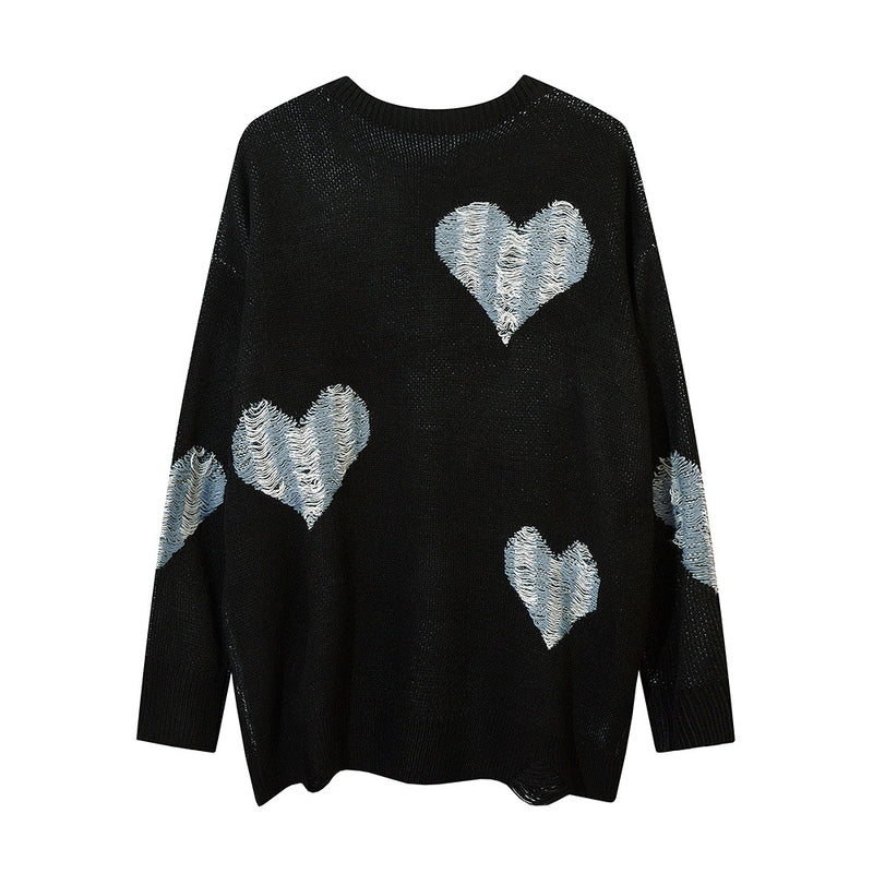 Men Sweater Love Jacquard Hook Ripped Knitted Sweater