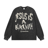 Vintage Hoodie text print long short sleeve t-shirt washed old t-shirt