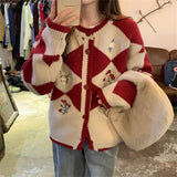 Women Knitted Cardigan Retro College Style Crew Neck Sweater