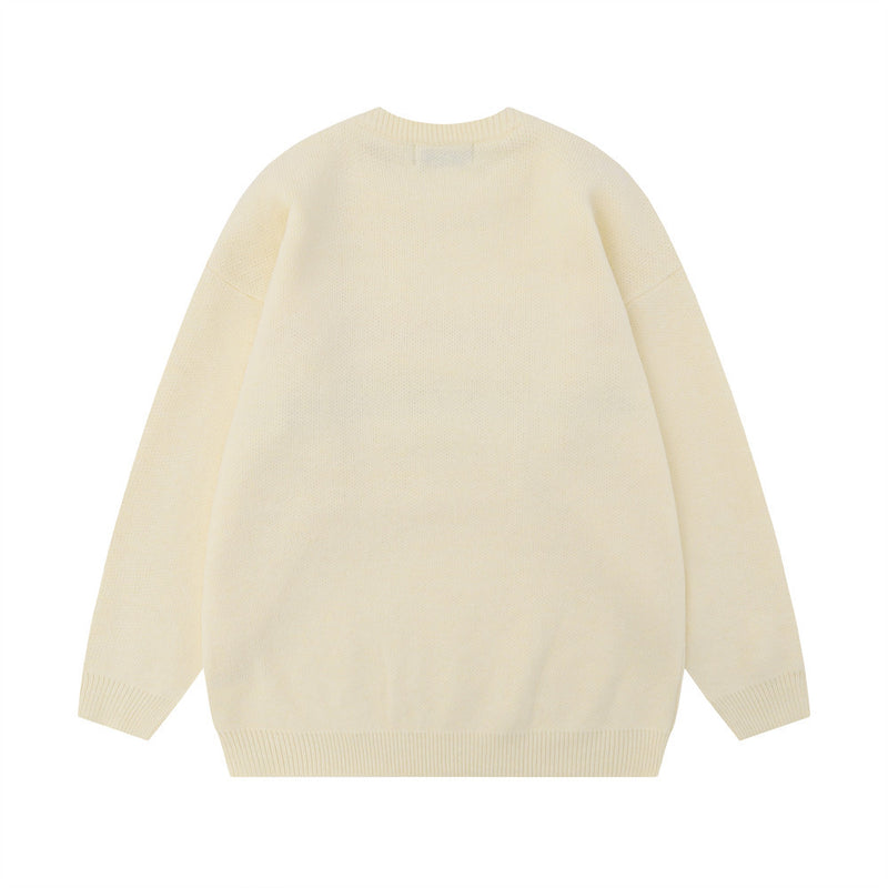 Men Sweater Jacquard Crew Neck Casual Loose Knitted Sweater