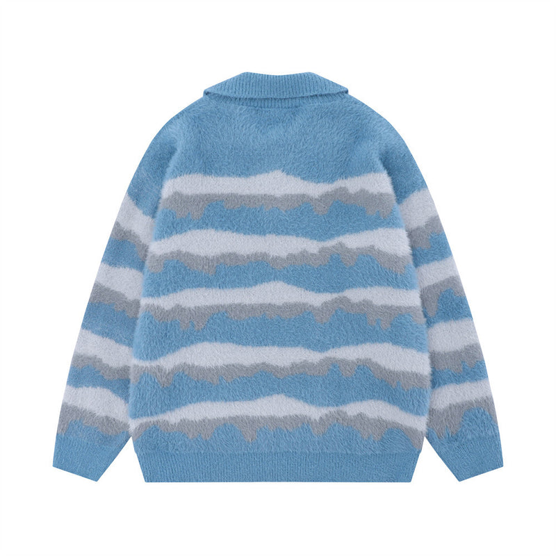 Men Sweater Stripes Lapel Knitwear Velvet