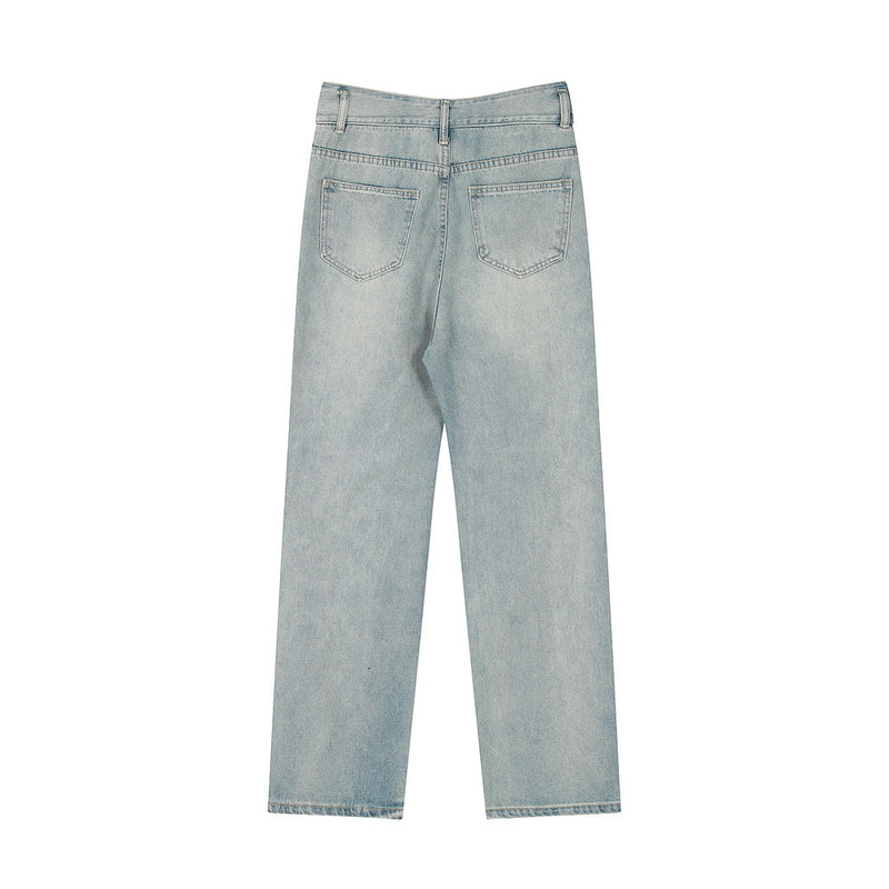 Men Jeans Hole Metal Fastener Decoration Loose All-Match