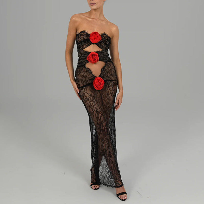 Women Dress Sexy Fashion Lace See-through Dress