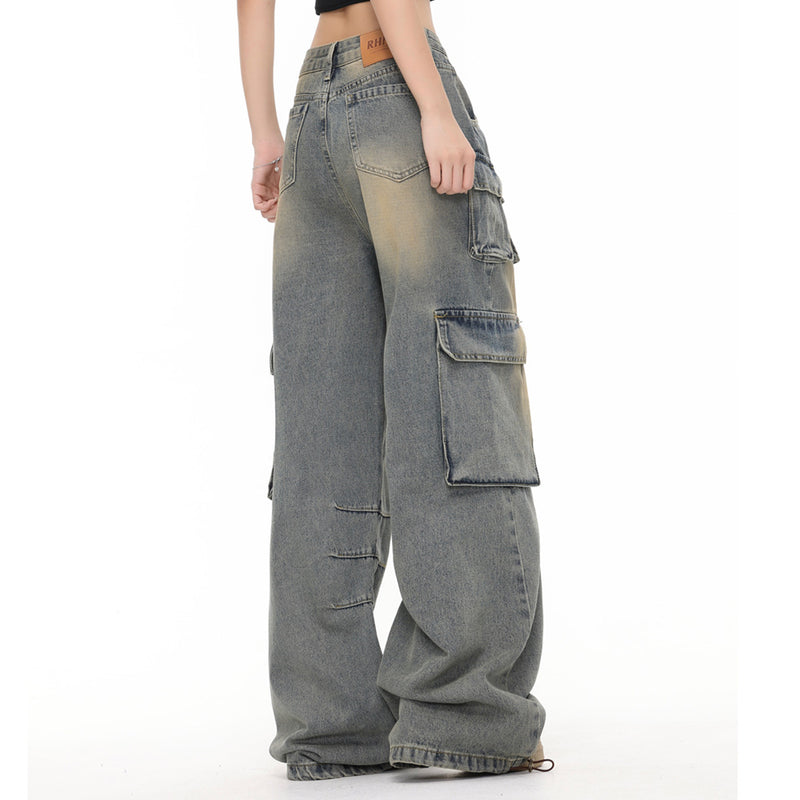 Men Jeans Cargo Pants Retro Washed and Worn Multi-Pocket