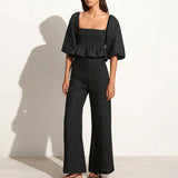 Women Co-Ords Square Collar Puff Sleeve High Waist Wide Leg Pants