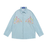 Men Long Sleeved T Shirt Cartoon Vertical Striped Long Sleeve Shirt Boys Casual Loose Lapels Shirt Ins Spring and Autumn