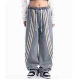 Men Jeans Patchwork Stripes Retro Loose Casual