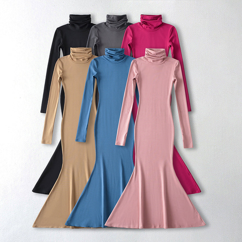 Women Dresses Micro Velvet Lined Turtleneck Fishtail Dress