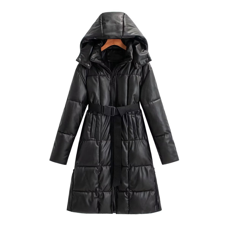 Women Cotton Coat PU Leather Cotton Thickened Zipper