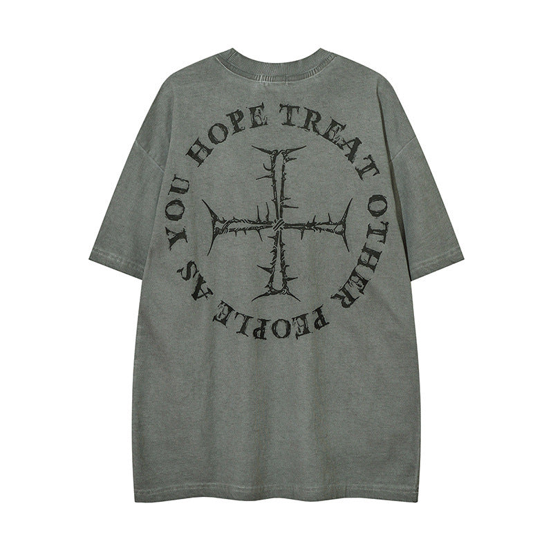 Men T-shirt Vintage Cross Printing Distressed Oversize