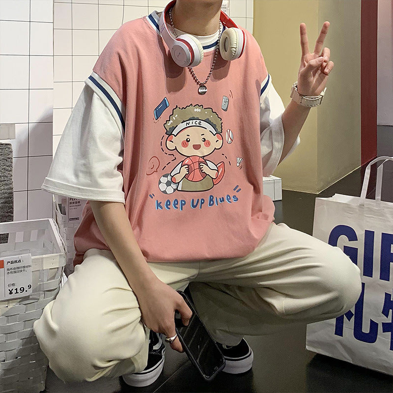 Men T Shirt Summer Fake Two-Piece Loose Crew Neck Casual