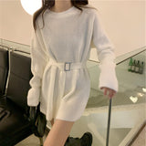 Women Pullover Sweater with Belt Long Knitted Sweater