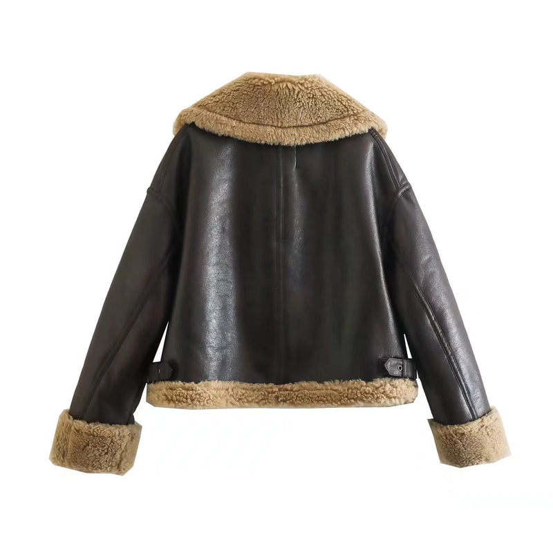 Women Cotton Coat Fleece Thickening Imitation Leather Jacket