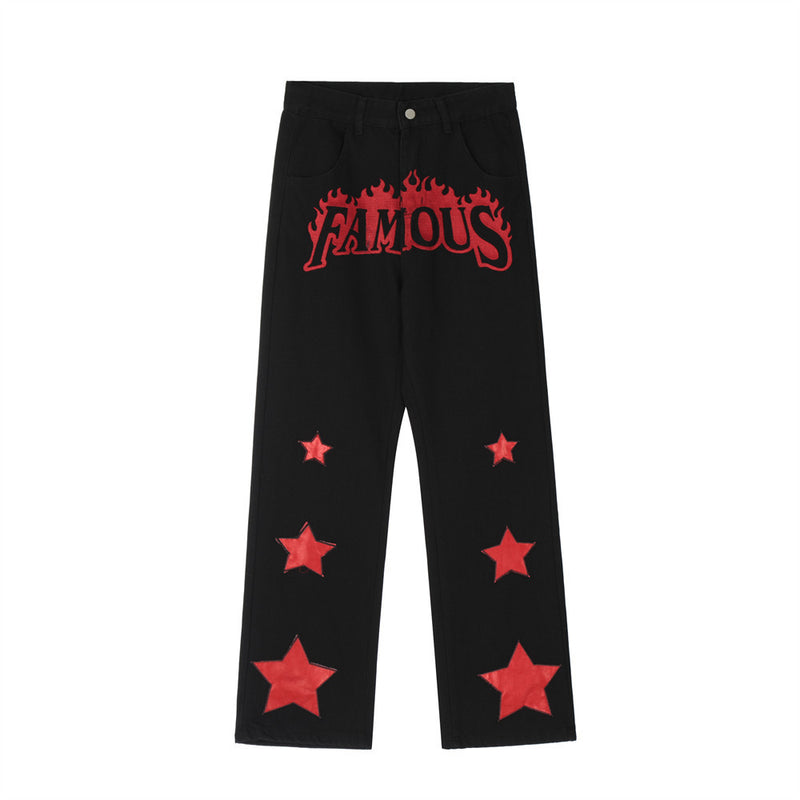 Men Jeans Flame Embroidery Five-Pointed Star Pattern