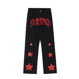 Men Jeans Flame Embroidery Five-Pointed Star Pattern