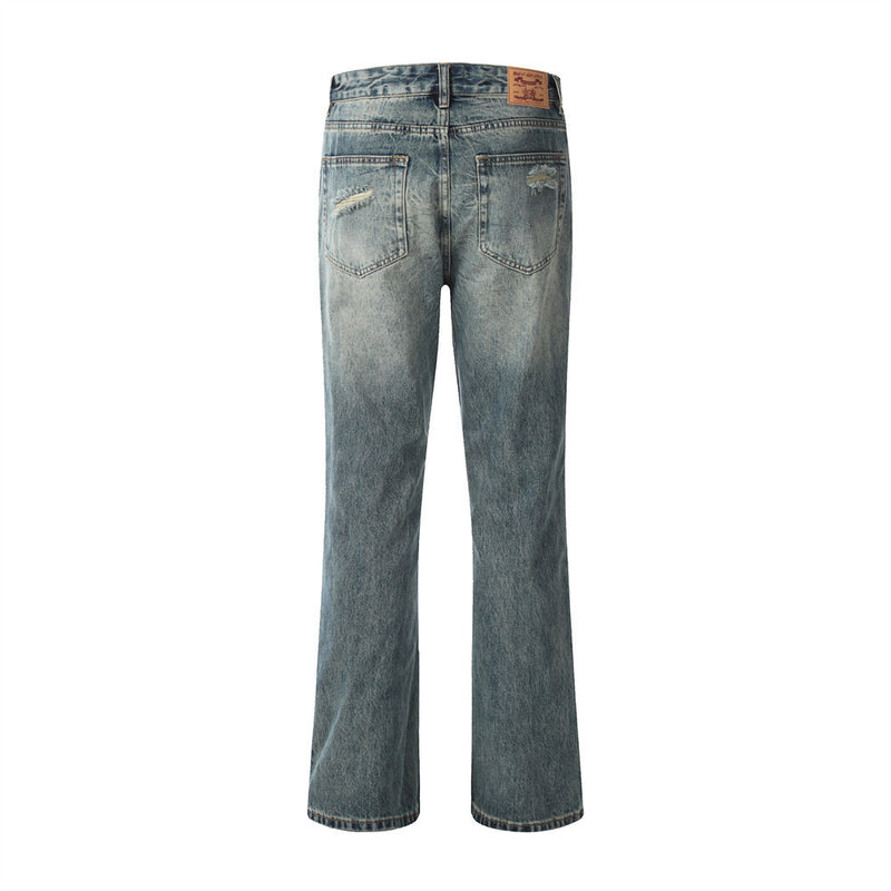 Men Jeans Loose Hole Casual Retro Wide-Leg Pants