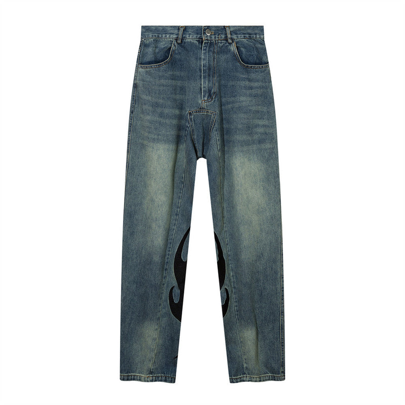 Men Jeans Abstract Flame Pattern Stitching