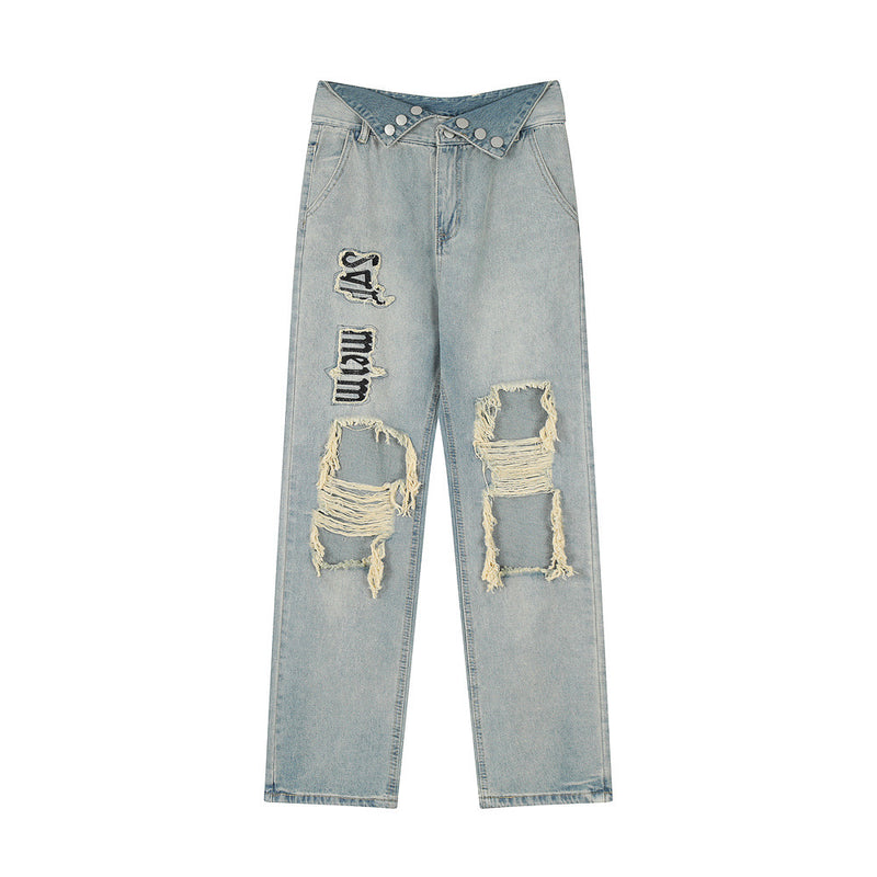 Men Jeans Hole Metal Fastener Decoration Loose All-Match