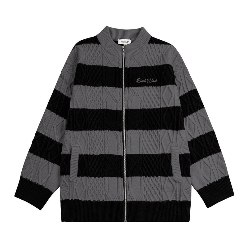 Men Sweater Striped Stand Collar Cardigan Sweater
