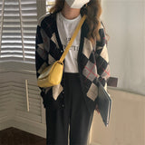 Women Knitted Cardigan Plaid Knitted Loose Vintage