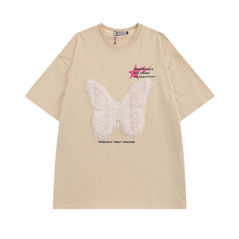 Men T-Shirt Plush Butterfly Patch All-Match