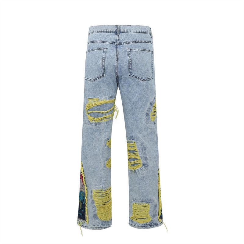 Men Jeans Hole Embroidery Punk