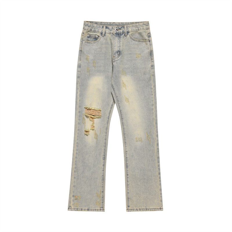 Men Jeans Yellow Ripped Worn All-Match Loose