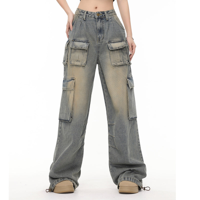 Men Jeans Cargo Pants Retro Washed and Worn Multi-Pocket