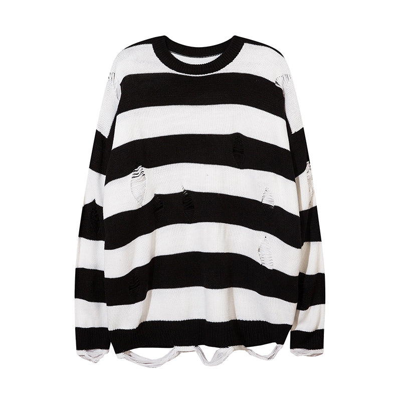 Men Sweater Stitching Ripped Knitted Sweater Loose
