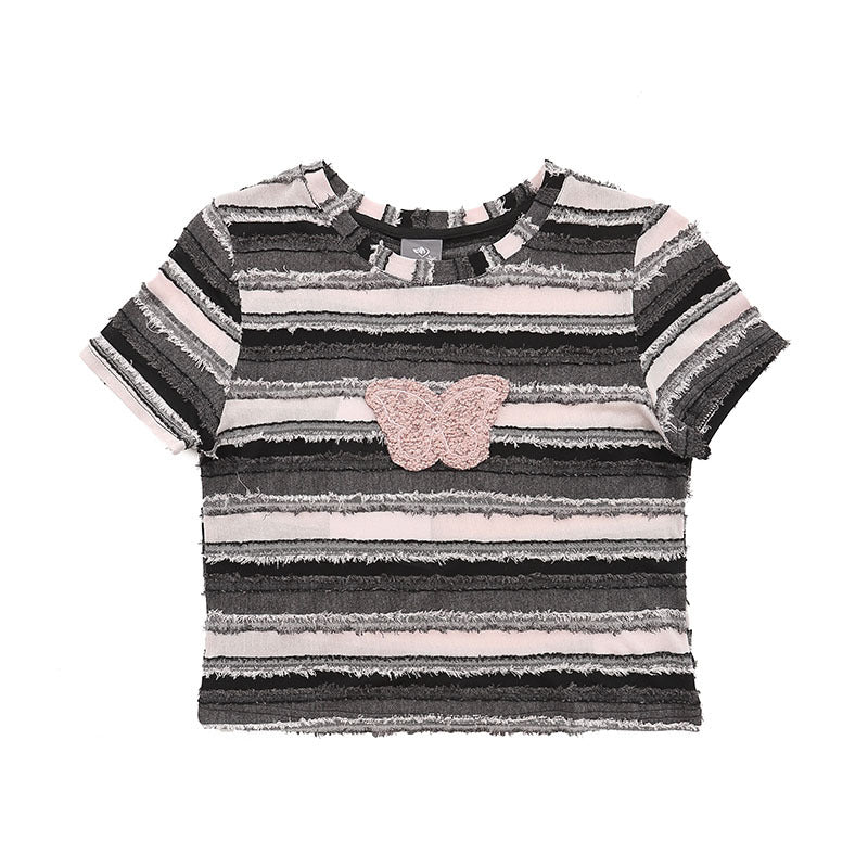 Men T-Shirt Retro Slim Striped Embroidery Female