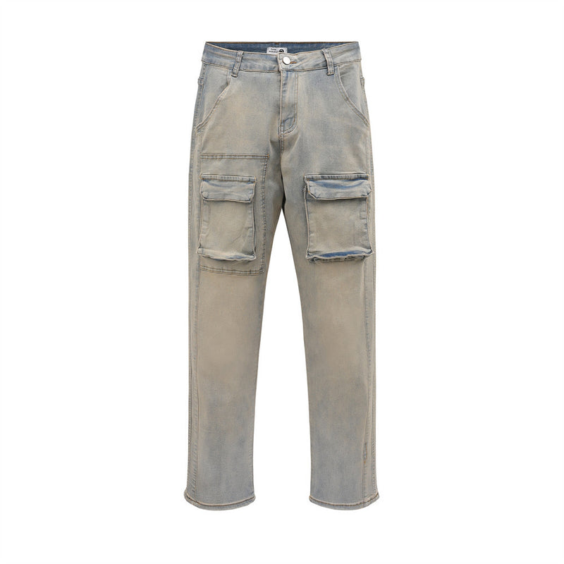 Men Jeans Workwear Three-Dimensional Pocket Retro Yellow
