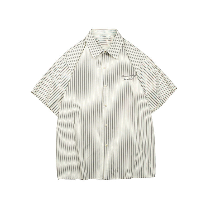 Unisex Shirt Embroidered Casual Loose Striped Cotton