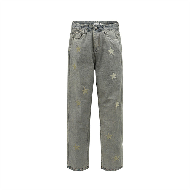 Men Jeans Star Embroidery Loose Casual