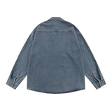 Men Long Sleeved T Shirt Cartoon Embroidered Washed Denim Shirt Coat Spring and Autumn Loose Long Sleeve Shirt