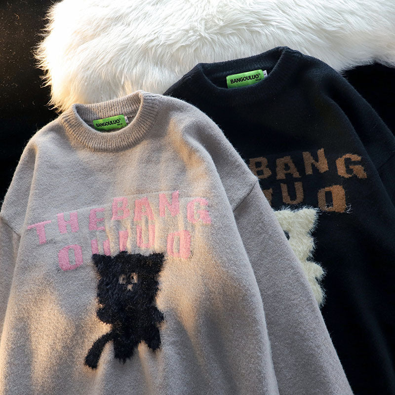Women Sweater Black Cat Plush Soft Couple Sweater Oversize