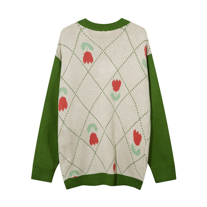 Women Sweater Rhombus Knitted Sweater Cardigan